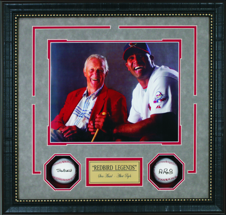 Redbird Legends St. Louis Cardinals Stan Musial & Albert Pujols Framed Shadow Box Art 23" x 24" Photograph with Facsimile Autographed Plate & Replica Signed Balls