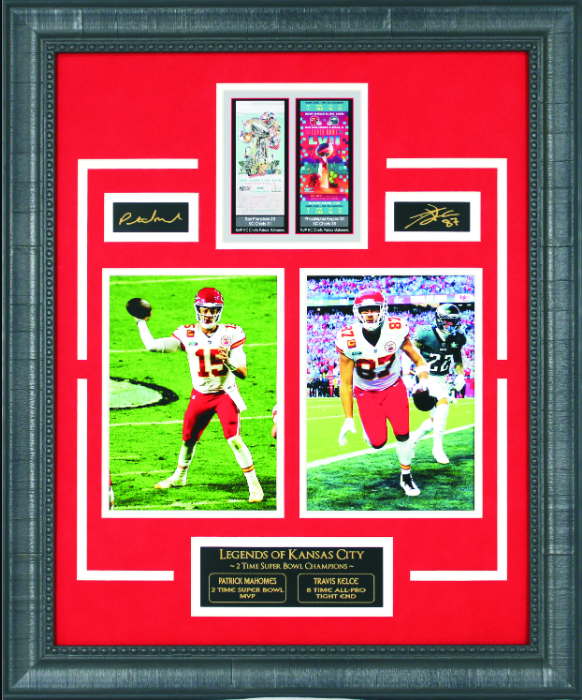 Legends of Kansas City Chiefs Patrick Mahomes & Travis Kelce Framed Art 19" x 23" Photograph with Replica Super Bowl Tickets & Facsimile Autographed Plates