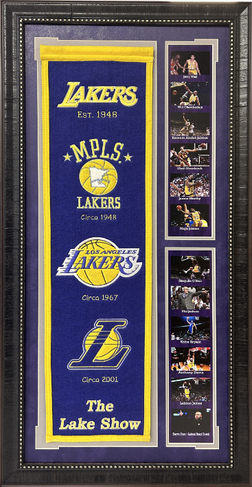 Los Angeles Lakers Team Logos on Felt Banner Framed Art 19" X 38.5" Player Photo Collage